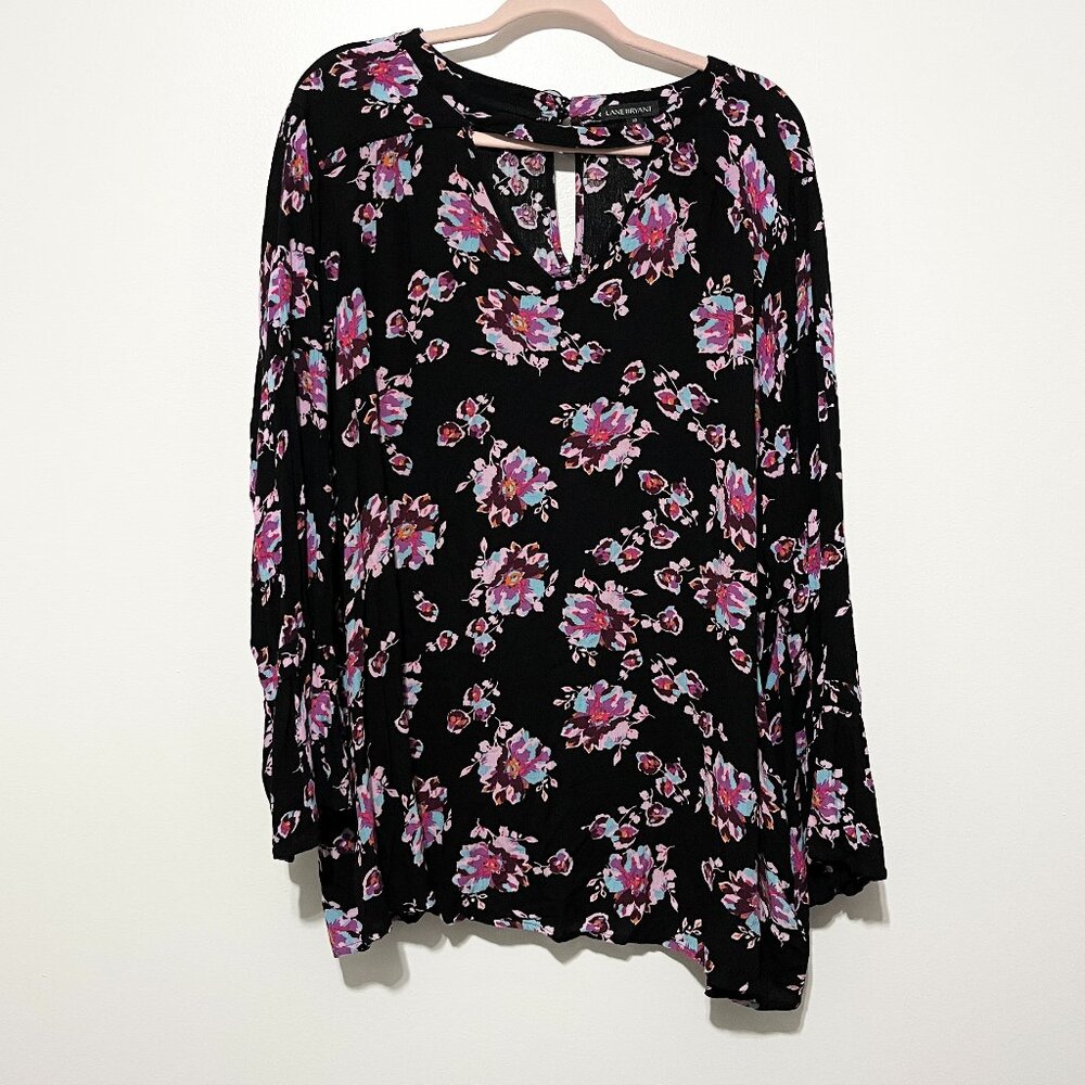 Lane Bryant Womens Bell Sleeve Blouse 22 Floral Dark Cottagecore Flowy Romantic
